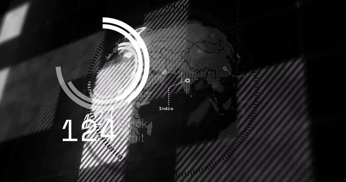 Digital globe with data processing and 142 text over dark background