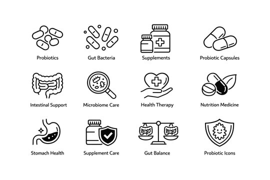 Essential probiotics gut health supplements and intestinal support icons
