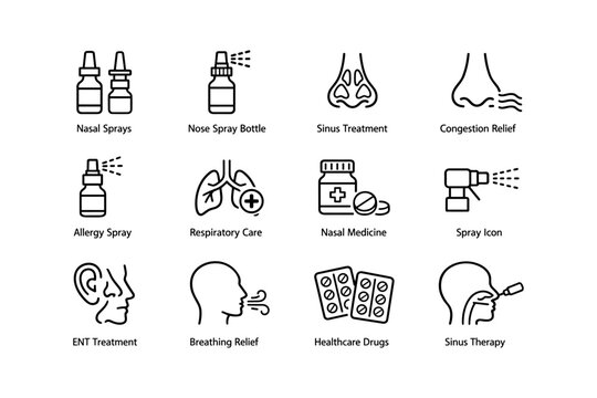 Nasal treatments and respiratory care icons for sinus relief and allergy management