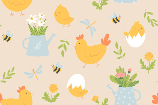 Seamless spring pattern with chickens and chicks, cracked eggs, flowers, insects, and green leaves. Fresh and bright background, perfect for Easter, kids designs, and spring decor.