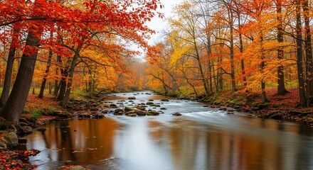 Obraz premium Serene autumn forest with a gently flowing river.