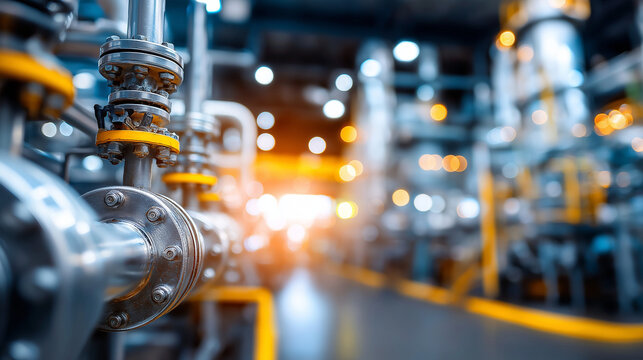 Complex industrial plant with numerous pipes tanks machinery, manufacturing setting focus, industrial equipment emphasis, processing facility, defocused infrastructure, with copy s