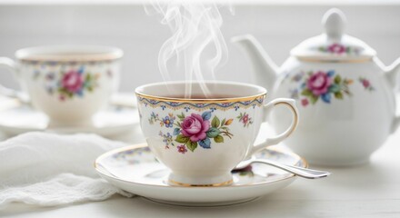 Fototapeta premium Steaming cup of tea on a saucer with floral pattern.