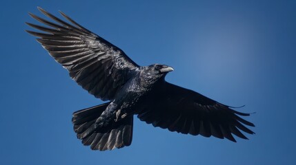 Obraz premium Juvenile raven in flight against a clear blue sky with outstretched wings