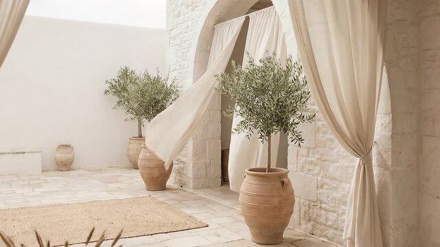 Mediterranean inspired patio space with olive trees, white brick archways, and flowing neutral curtains in a luxury resort.