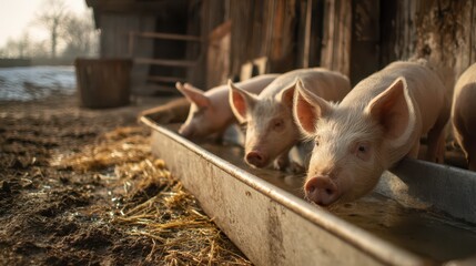 Livestock Feeding Time: Pigs Dining at a Trough in a Rural Setting