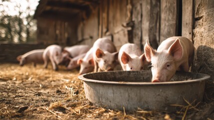 Livestock Feeding Time: Pigs Dining at a Trough in a Rural Setting