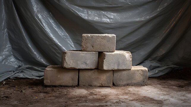 Stacked concrete blocks form a stable pyramid shape against a draped grey tarpaulin backdrop