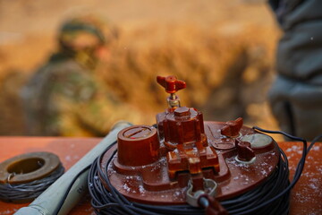 Fototapeta premium The control panel for antipersonnel mines. Military exercises.