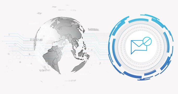 Envelope HUD appearing, globe emerging left, rotating right, entering HUD ring, visualizing data