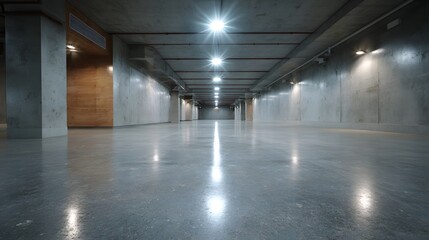 Naklejka premium Vast modern industrial concrete hall with a smooth polished floor reflecting bright overhead lights creating a sleek illuminated interior space