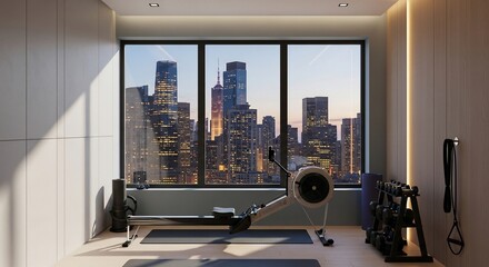 Naklejka premium Modern home gym with rowing machine and city view.