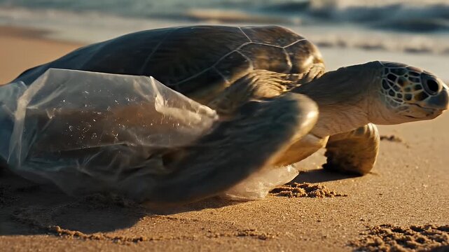 Sea Turtle Trapped in Plastic on Beach - A close-up shot of a sea turtle struggling on a sandy beach while entangled in a clear plastic bag.