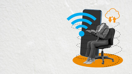 A surreal digital collage of a headless businesswoman with a smartphone, Wi-Fi, and cloud symbols, representing technology, connectivity, and remote work concepts on a textured background