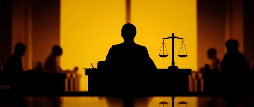 Silhouette of the scales of justice set against a courtroom interior with a judge in the background. law, balance, fairness, legal proceedings.