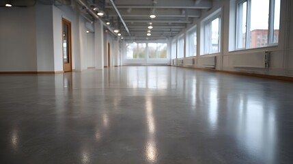 Fototapeta premium A spacious modern and empty interior space with a polished concrete floor and large showcasing a bright open environment