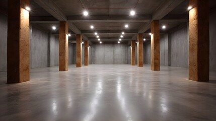 Naklejka premium Spacious industrial interior with concrete walls floor and textured pillars under bright overhead lighting