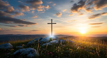 Obraz premium Serene sunset over a mountainous landscape with a prominent cross