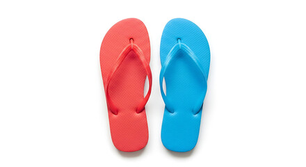 Pair of red and blue flip flops summer footwear for beach vacation isolated on white backgroun