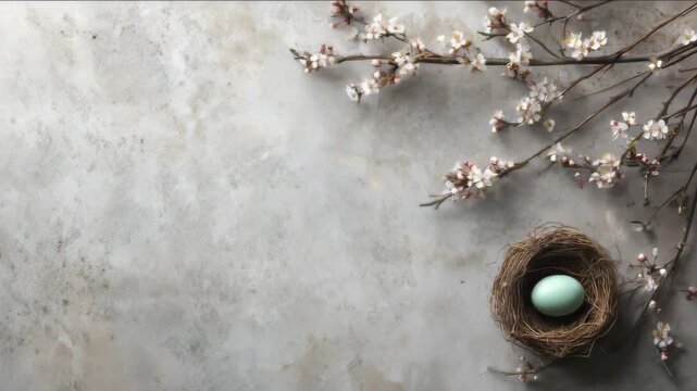 Easter nest with a single blue egg and blooming branches on a textured concrete background