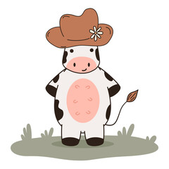 cute hand drawn cartoon character with funny cow with hat vector illustration isolated on white background