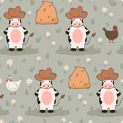 cute hand drawn cartoon character with funny cow with hat in the meadow with hen, daisy flowers and hay seamless vector pattern background  illustration 