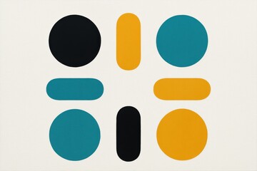 Minimalist geometric shapes in black, teal, and ochre on a textured off-white background.