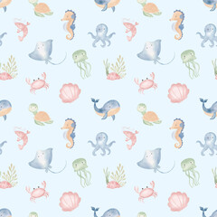 Fototapeta premium Seamless watercolor pattern with hand painted marine animals including whale, octopus, seahorse, turtle, jellyfish, stingray, crab, shell and sea plants. Soft pastel digital illustration.