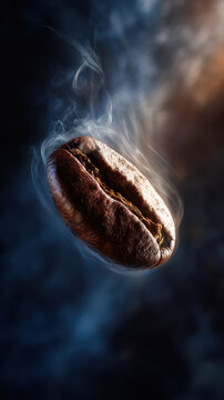 Roasted Coffee Bean Floating Midair with Dramatic Backlighting