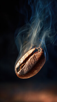 Roasted Coffee Bean Floating Midair with Dramatic Backlighting