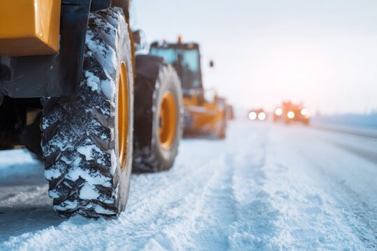 Heavy machinery on a snowy winter road. Close-up of a large tractor tire with a convoy of construction vehicles in the background. Industrial transport and snow removal concept
