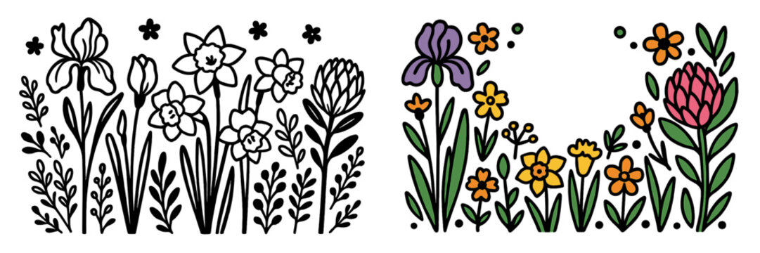 Colorful vector art of diverse spring garden flowers