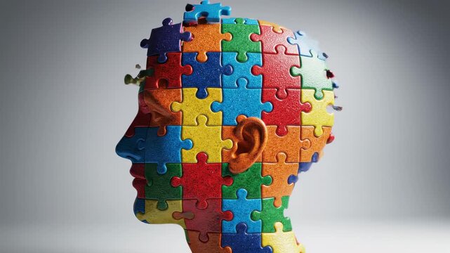 Colorful puzzle pieces assembling to form a human head, representing concepts of psychology, mental health, creativity, problem solving, and the complexity of the human mind and thought process