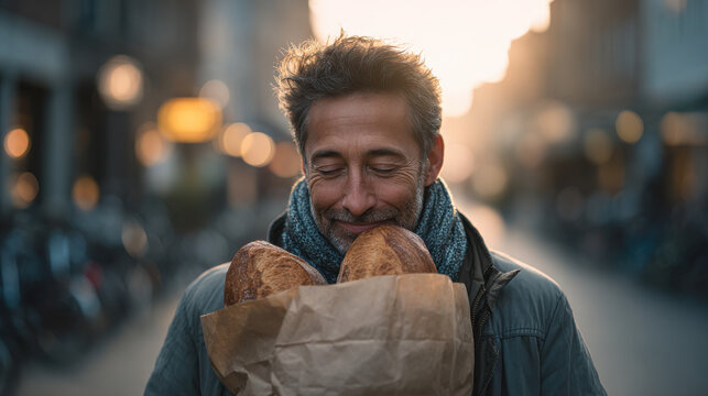 Urban Man Smelling Fresh Bread from Paper Bag on City Street in Warm Morning Light