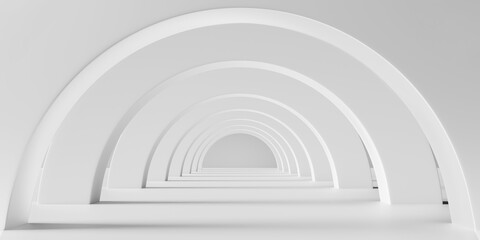 Abstract white curved minimalist corridor with clean walls and polished concrete floor, modern architecture concept