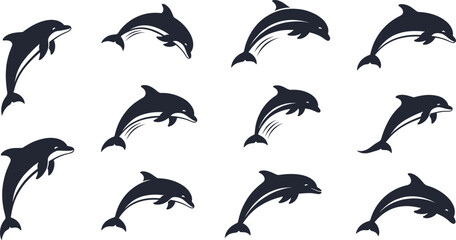 Obraz premium Dynamic Dolphin Silhouette Set with Motion Lines, Black Minimal Marine Icons for Logo Design, Sports Branding and Ocean Graphics