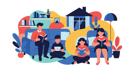 Obraz premium Family members including a father and children sit in a cozy living room reading books and using a tablet together for leisure and learning.
