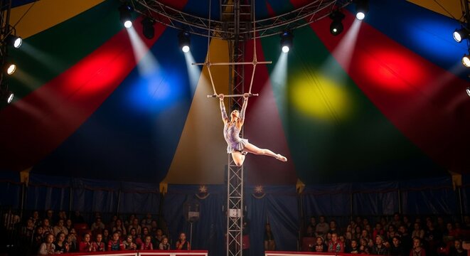 Female trapeze artist performing in a colorful circus tent with audience watching.
