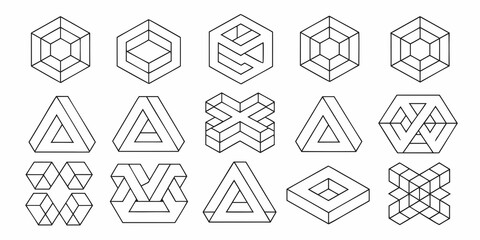Optical illusions featuring geometric shapes cubes pyramids and impossible figures