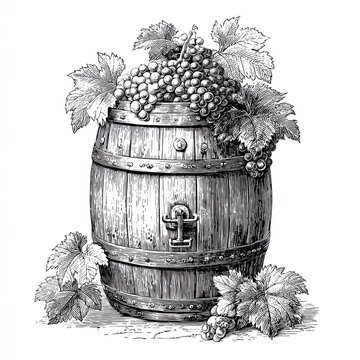 Vintage wooden wine barrel with grapes and vine leaves in detailed engraving sketch style on white backdrop