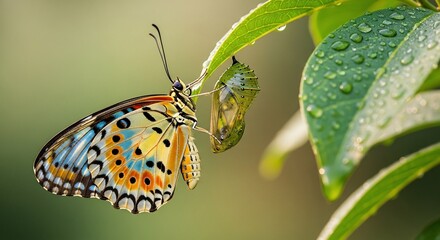 Obraz premium Colorful butterfly perched on a dewy green leaf in a natural setting.