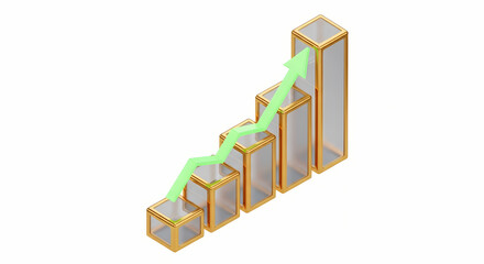 Obraz premium Isometric 3D glass bar chart with rising green arrow isolated on white background