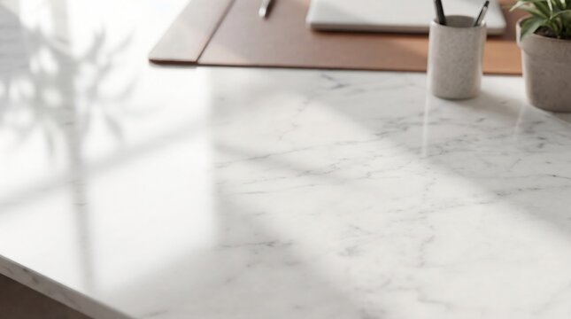 An office desk with marble surface and office supplies such as a pen, a plant pot, and a pen holder. The desk offers a sense of minimalism and functionality