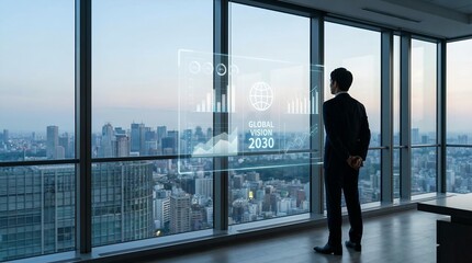 Fototapeta premium A business person stands in front of a big glass window in a modern building and looks over the city skyline
