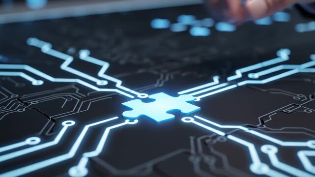 Businessman's hand placing the final glowing blue puzzle piece into a circuit board, symbolizing a technology solution, innovation, and strategic business completion with a futuristic feel