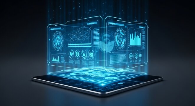 Futuristic digital interface on a tablet with glowing blue screens and data visualization.