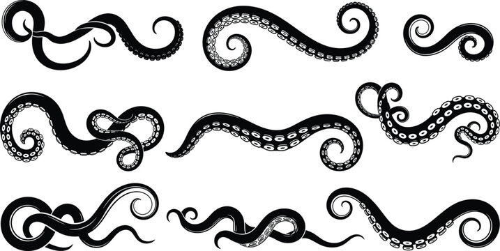 Octopus tentacle silhouette illustration set with curling sea monster arms for nautical ocean and fantasy designs