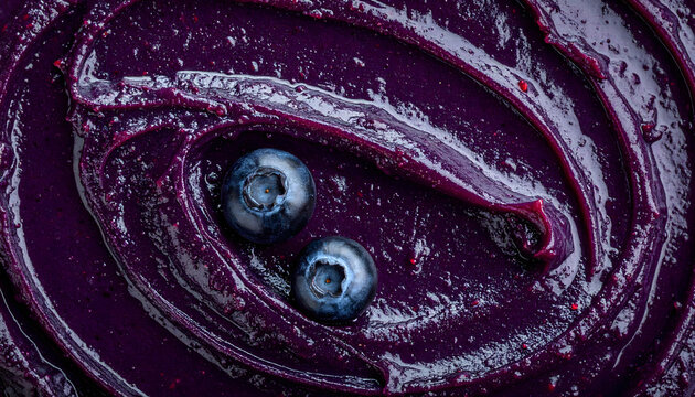 Dark purple blueberry jam or puree swirl texture macro top view