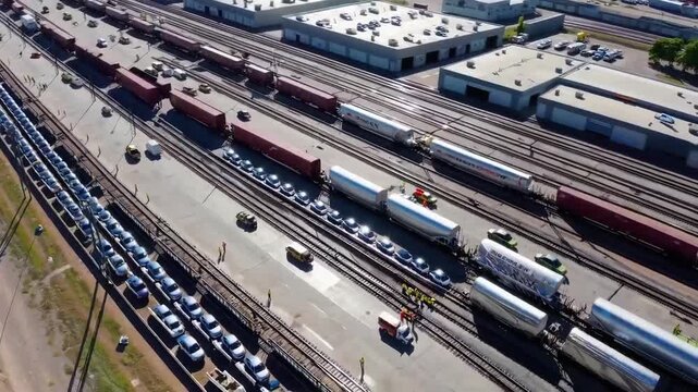 An aerial view shows a sprawling rail yard under bright daylight, with long freight trains across multiple tracks, warehouses bordering the site, and parked cars lined in rows along the edge.