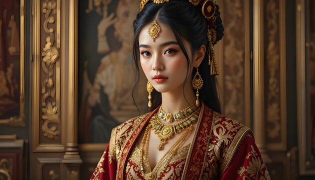 A person wearing a luxurious traditional outfit with heavy embroidery, rich fabrics, gold detailing, cultural jewelry, soft studio lighting, royal background, ultra-realistic, high-detail
